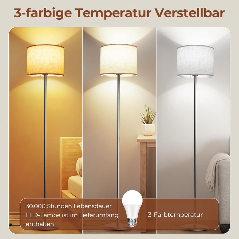 AmazeFun LED álló lámpa 156 cm bézs lenvászon árnyékolóval, 3 színhőmérséklet, E27 foglalat