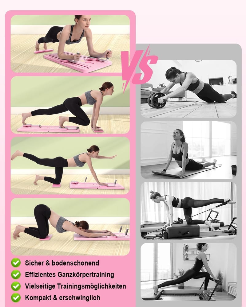 AMAZINGHOME Pilates Tábla Automatikus Visszapattanással - Összecsukható Edzőeszköz Térdvédővel, Rózsaszín, 106x41 cm, Kezdőknek és Profiknak