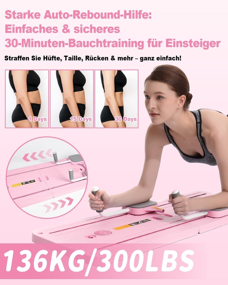 AMAZINGHOME Pilates Tábla Automatikus Visszapattanással - Összecsukható Edzőeszköz Térdvédővel, Rózsaszín, 106x41 cm, Kezdőknek és Profiknak