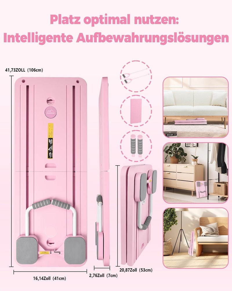 AMAZINGHOME Pilates Tábla Automatikus Visszapattanással - Összecsukható Edzőeszköz Térdvédővel, Rózsaszín, 106x41 cm, Kezdőknek és Profiknak