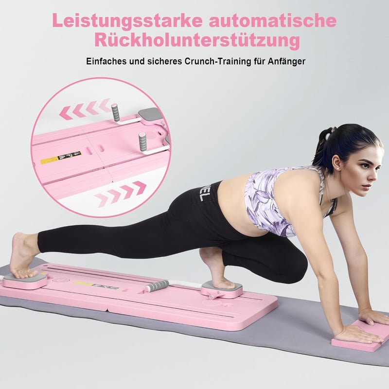 AMAZINGHOME Pilates Tábla Automatikus Visszapattanással - Összecsukható Edzőeszköz Térdvédővel, Rózsaszín, 106x41 cm, Kezdőknek és Profiknak