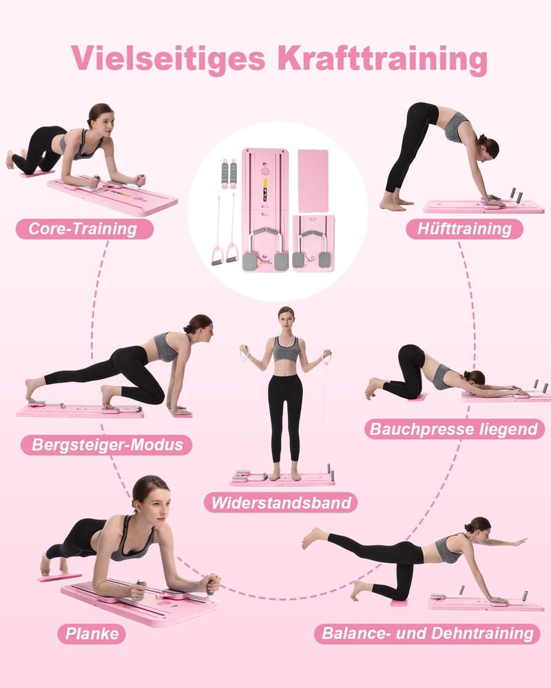AMAZINGHOME Pilates Tábla Automatikus Visszapattanással - Összecsukható Edzőeszköz Térdvédővel, Rózsaszín, 106x41 cm, Kezdőknek és Profiknak