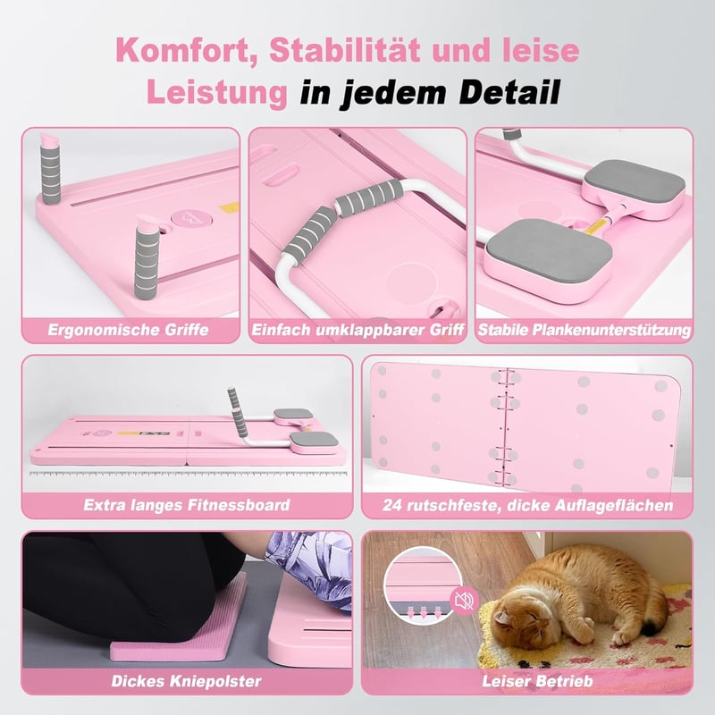 AMAZINGHOME Pilates Tábla Automatikus Visszapattanással - Összecsukható Edzőeszköz Térdvédővel, Rózsaszín, 106x41 cm, Kezdőknek és Profiknak