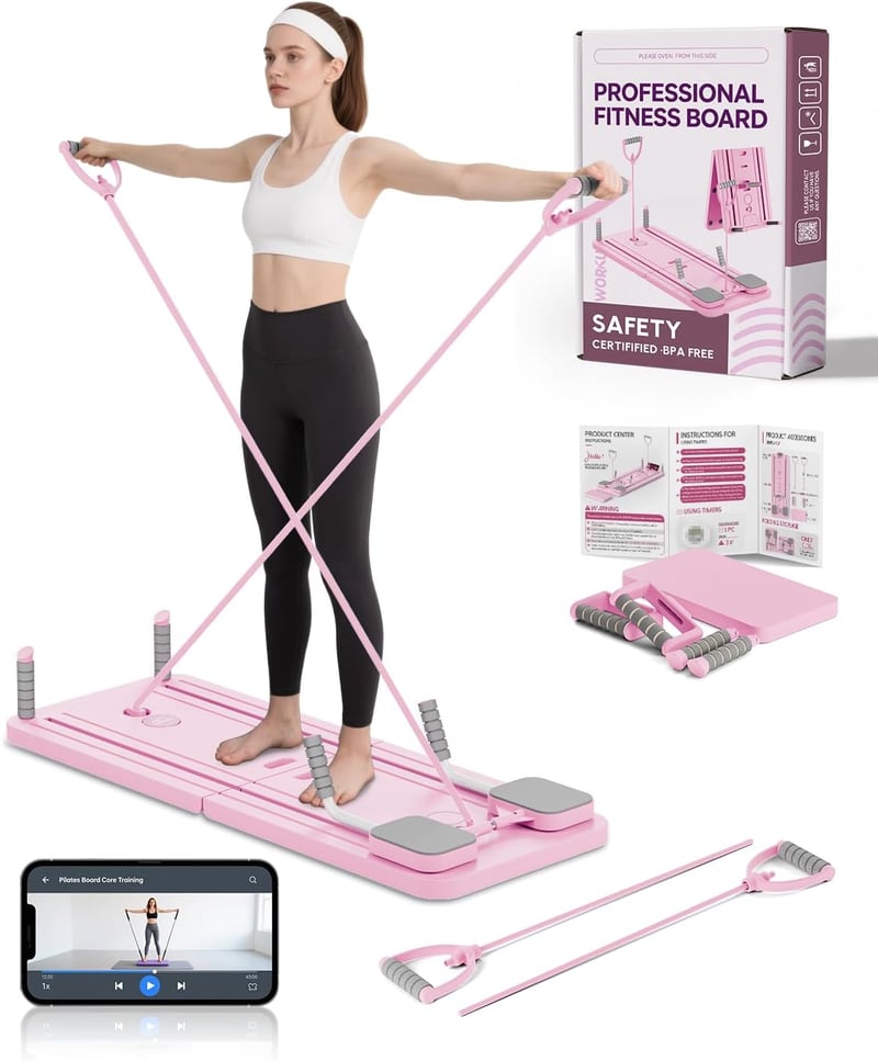 AMAZINGHOME Pilates Tábla Automatikus Visszapattanással - Összecsukható Edzőeszköz Térdvédővel, Rózsaszín, 106x41 cm, Kezdőknek és Profiknak