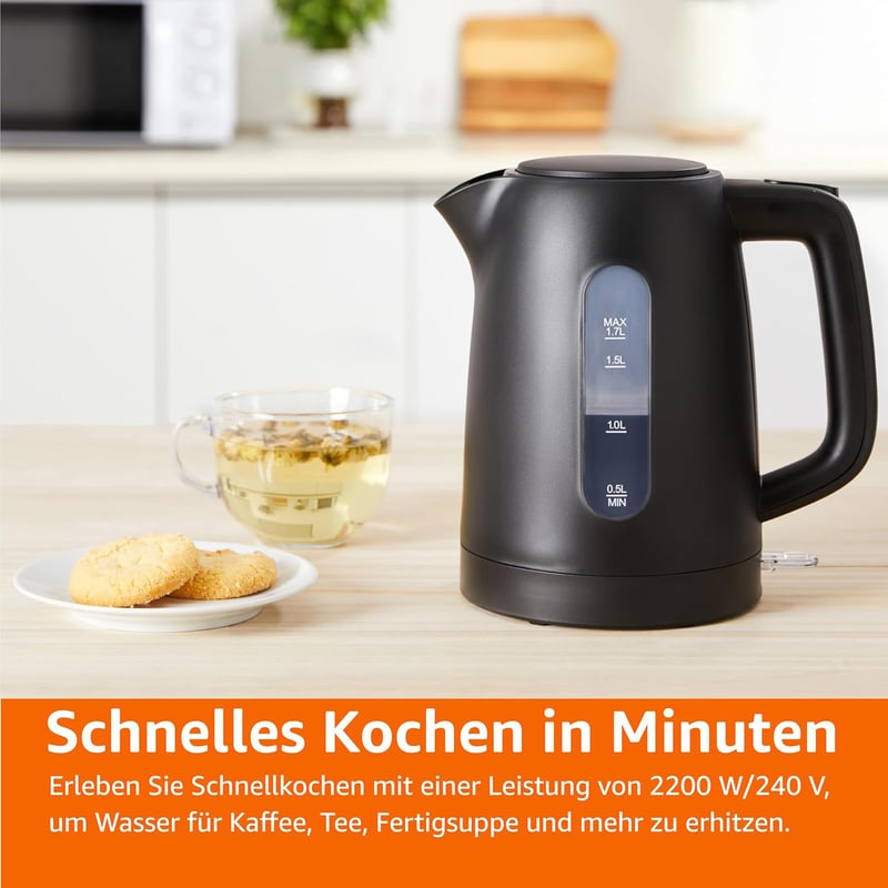 Amazon Basics 1,7 literes vízforraló 2200W, BPA-mentes, 360° forgatható talp, automata kikapcsolás