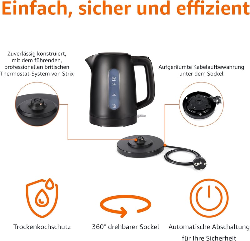 Amazon Basics 1,7 literes vízforraló 2200W, BPA-mentes, 360° forgatható talp, automata kikapcsolás