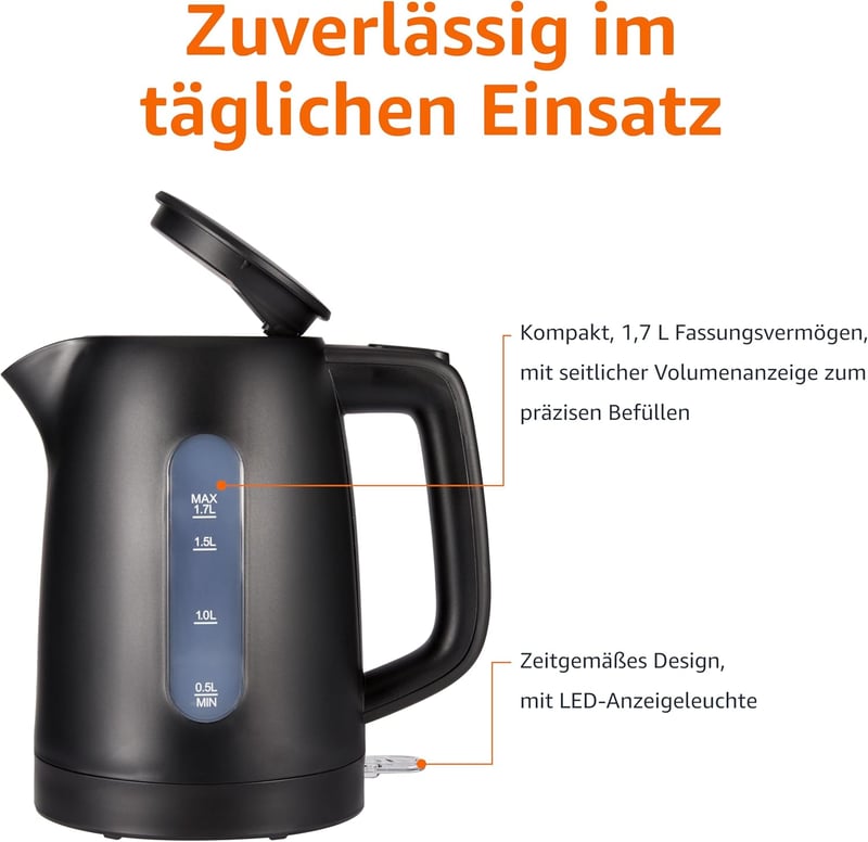 Amazon Basics 1,7 literes vízforraló 2200W, BPA-mentes, 360° forgatható talp, automata kikapcsolás