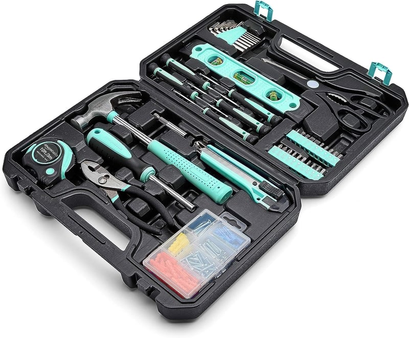 Set de scule Amazon Basics, 142 piese, pentru reparații casnice, cu mâner antiderapant, 34x23,5x7,5 cm, turcoaz