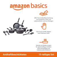 Amazon Basics 15-dielna súprava nepriľnavého riadu s čiernymi panvicami a hrncami, sklenenými pokrievkami a kuchynským náradím, viditeľná 3