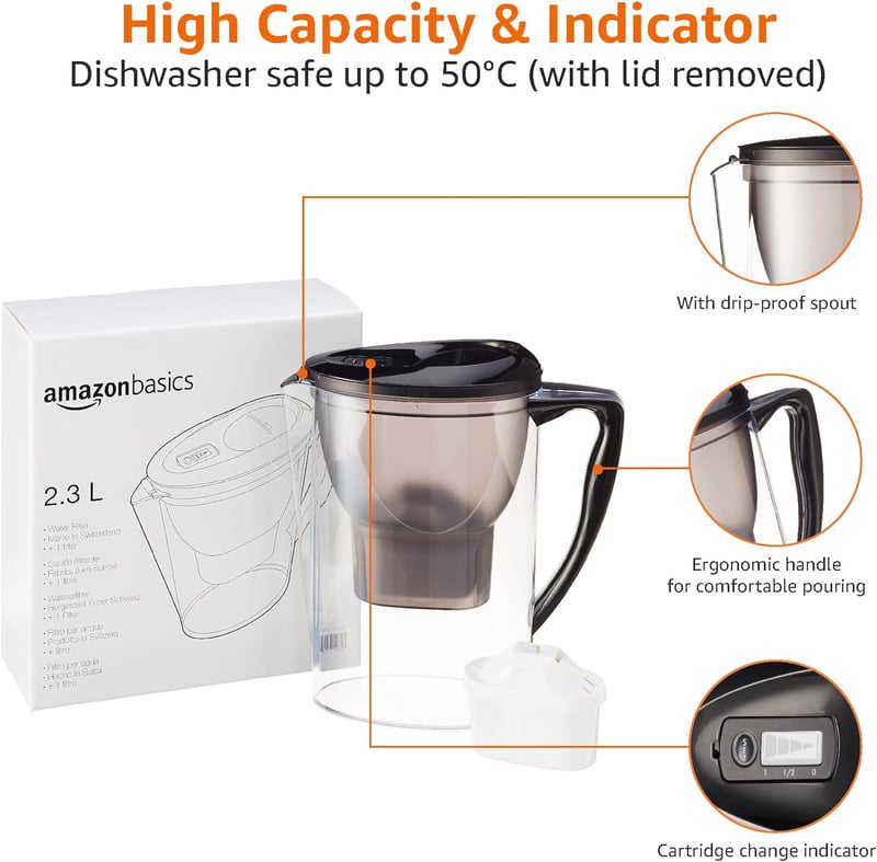 Amazon Basics 2,3L Vízszűrő Kancsó BPA Mentes Fekete + Szűrőbetét - Black
