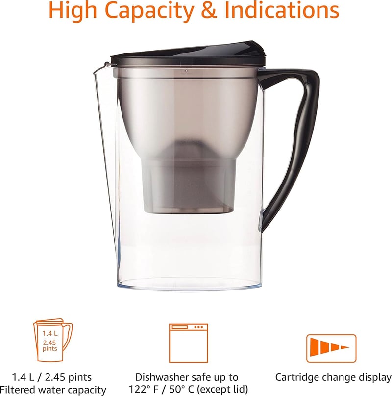 Amazon Basics 2,3L Vízszűrő Kancsó BPA Mentes Fekete + Szűrőbetét - Black