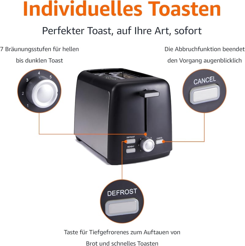 Amazon Basics 2 szeletes kenyérpirító 7 fokozatú pirítással, 800W, fekete