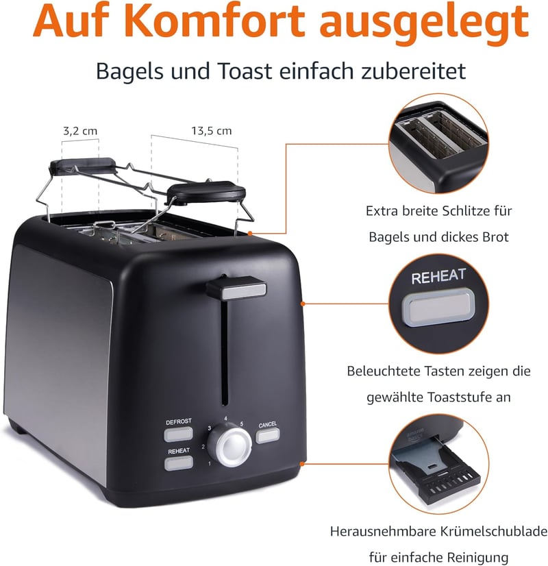 Amazon Basics 2 szeletes kenyérpirító 7 fokozatú pirítással, 800W, fekete