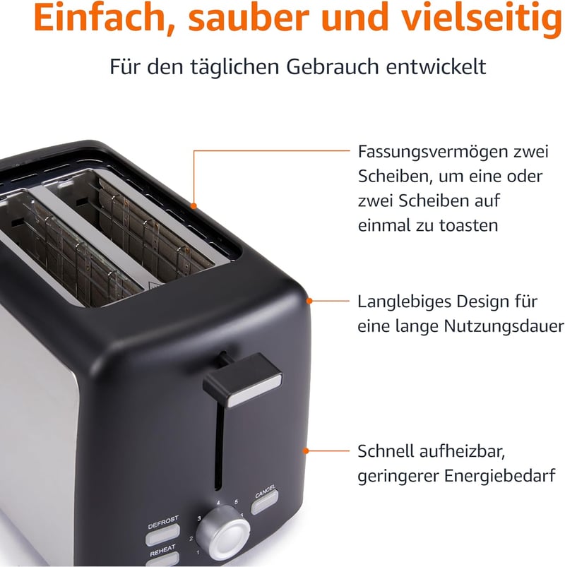 Amazon Basics 2 szeletes kenyérpirító 7 fokozatú pirítással, 800W, fekete
