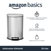 Odpadkový kôš Amazon Basics s pedálom, objem 20 litrov, nehrdzavejúca oceľ – s vekom s pomalým zatváraním, na použitie v kuchyni, kúpeľni alebo kancelárii, valcový, brúsený povrch 2