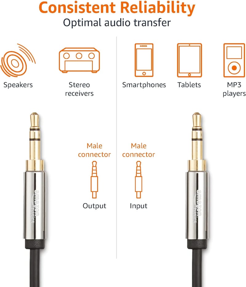 Amazon Basics 2db 3,5mm Aux Kábel Sztereó Hangszóróhoz, 1,2m, Fekete-Szürke