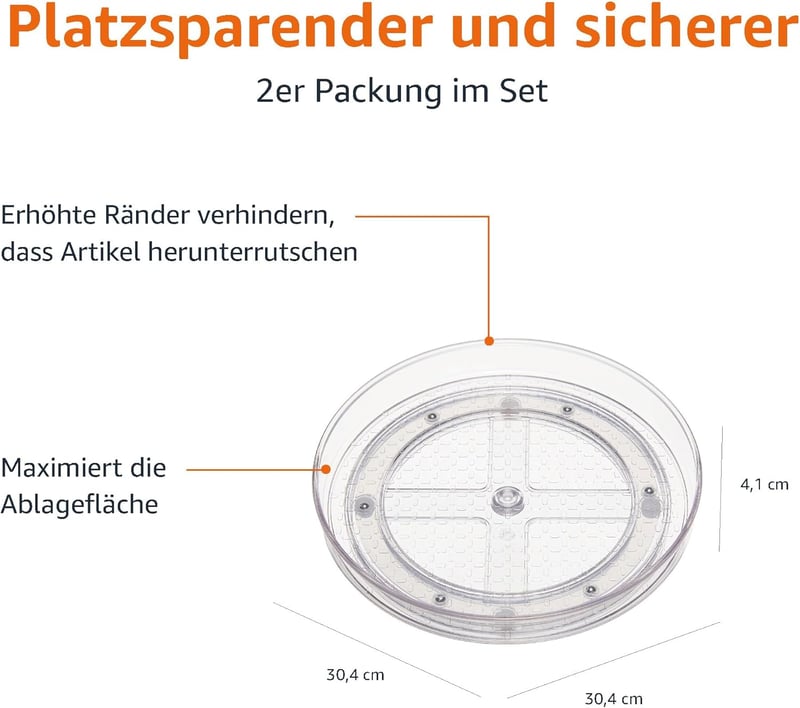 Amazon Basics 2x Forgó Tárológép Átlátszó 30cm Forgatható Szervezőtálca - Durchmesser: 30,5 cm; 2 Stück