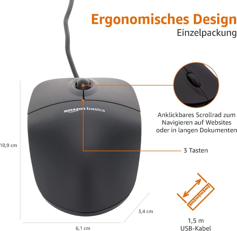 Amazon Basics 3 gombos USB optikai egér Windows és Mac OS X-hez - Fekete - 1 Stück