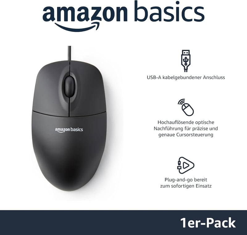 Amazon Basics 3 gombos USB optikai egér Windows és Mac OS X-hez - Fekete - 1 Stück