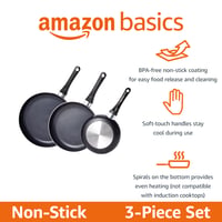 Amazon Basics set od 3 neprijanjajuće tave, 20 cm, 25 cm i 30 cm, spiralno dno, ručke meke na dodir, za plinske, električne i staklokeramičke ploče, crne 2