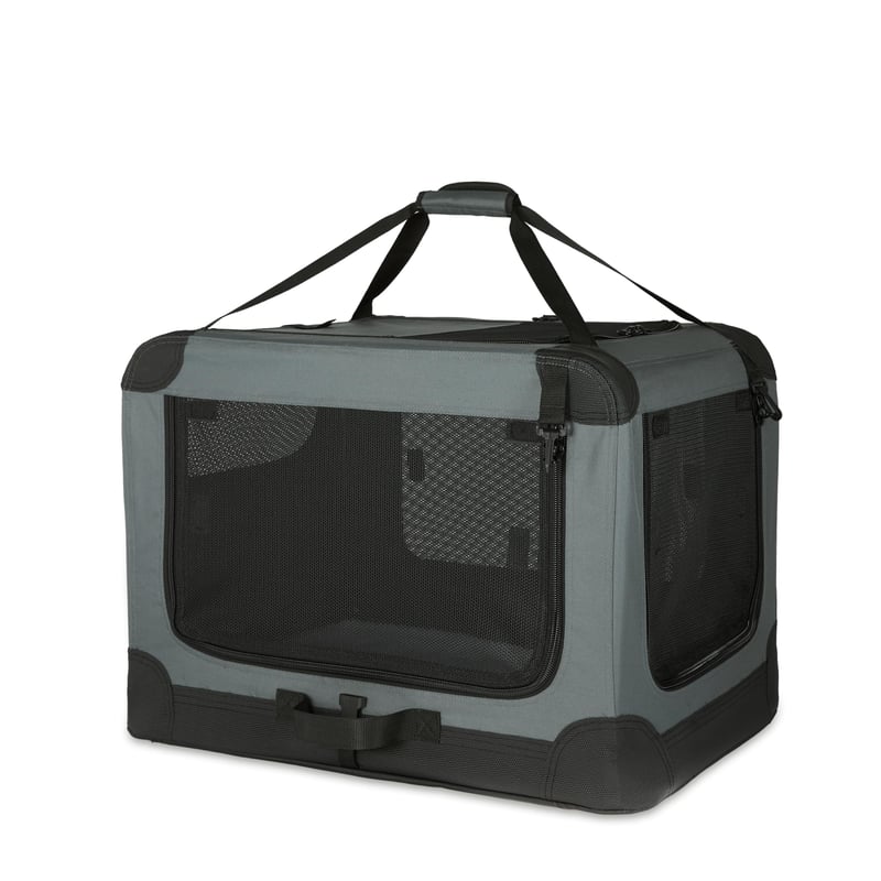 Amazon Basics skladacia cestovná prepravka so 4 dverami pre mačky, psy a iné domáce zvieratá, sivá, S, 66 x 46 x 46 cm