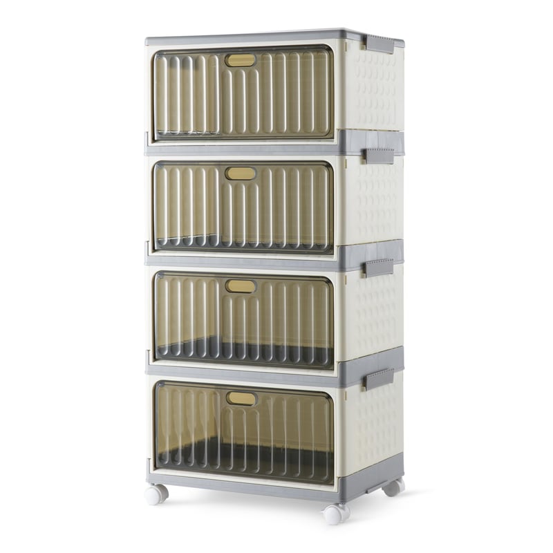 Skladací úložný box Amazon Basics, 4 úrovne, s kolieskami a vekom, 4x21,7 l, 82,6x39,1x27,2 cm, sivý/béžový