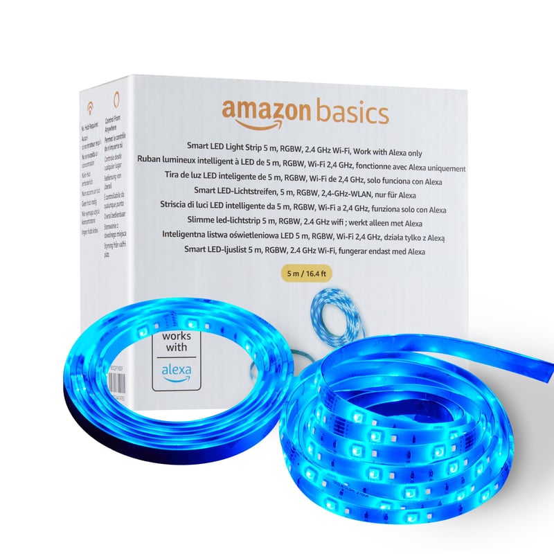 Inteligentný LED pásik Amazon Basics 5 m RGBW, Wi-Fi 2,4 GHz, kompatibilný s Alexa, viacfarebné osvetlenie