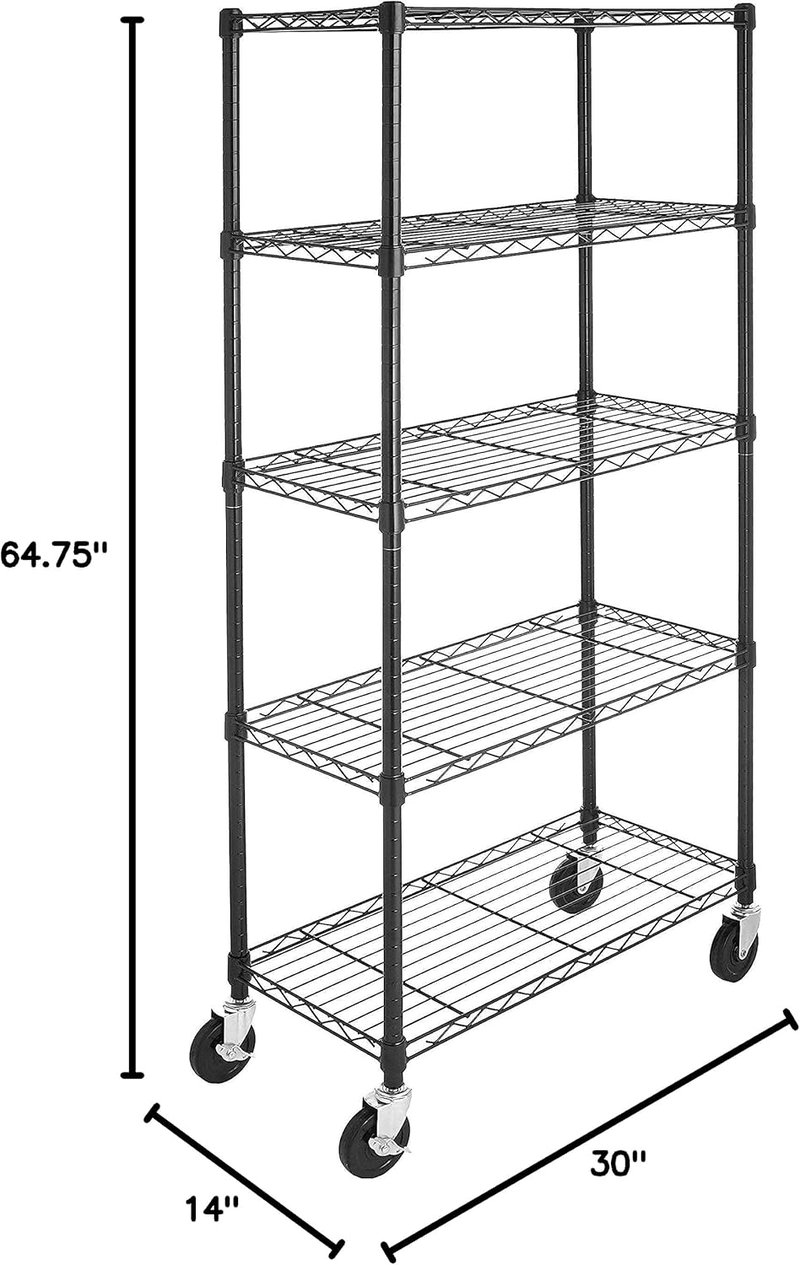 Raft de depozitare Amazon Basics cu 5 niveluri, cu roți de 4", picioare reglabile, capacitate de încărcare 680 kg, negru, cu roți