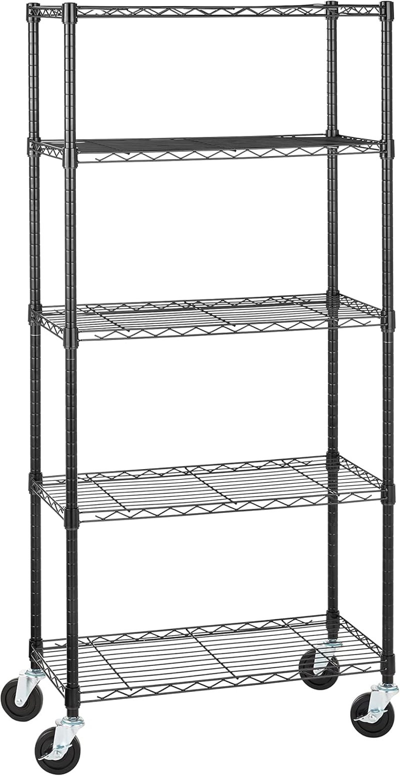 Raft de depozitare Amazon Basics cu 5 niveluri, cu roți de 4", picioare reglabile, capacitate de încărcare 680 kg, negru, cu roți
