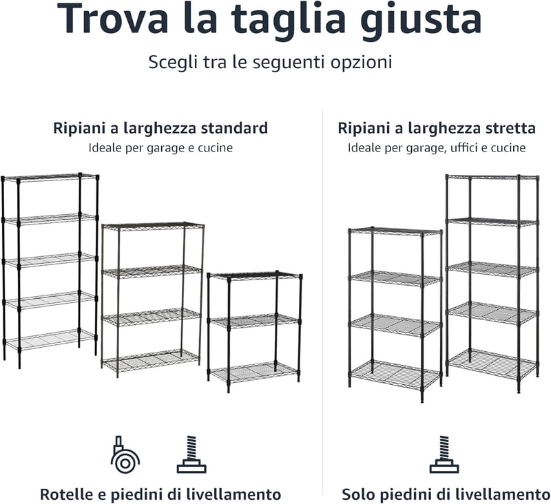 Raft de depozitare Amazon Basics cu 5 niveluri, cu roți de 4", picioare reglabile, capacitate de încărcare 680 kg, negru, cu roți