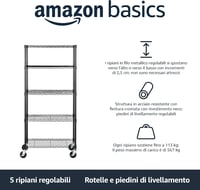 Raft de depozitare Amazon Basics cu 5 niveluri, cu roți de 4", picioare reglabile, capacitate de încărcare 680 kg, negru, cu roți 2