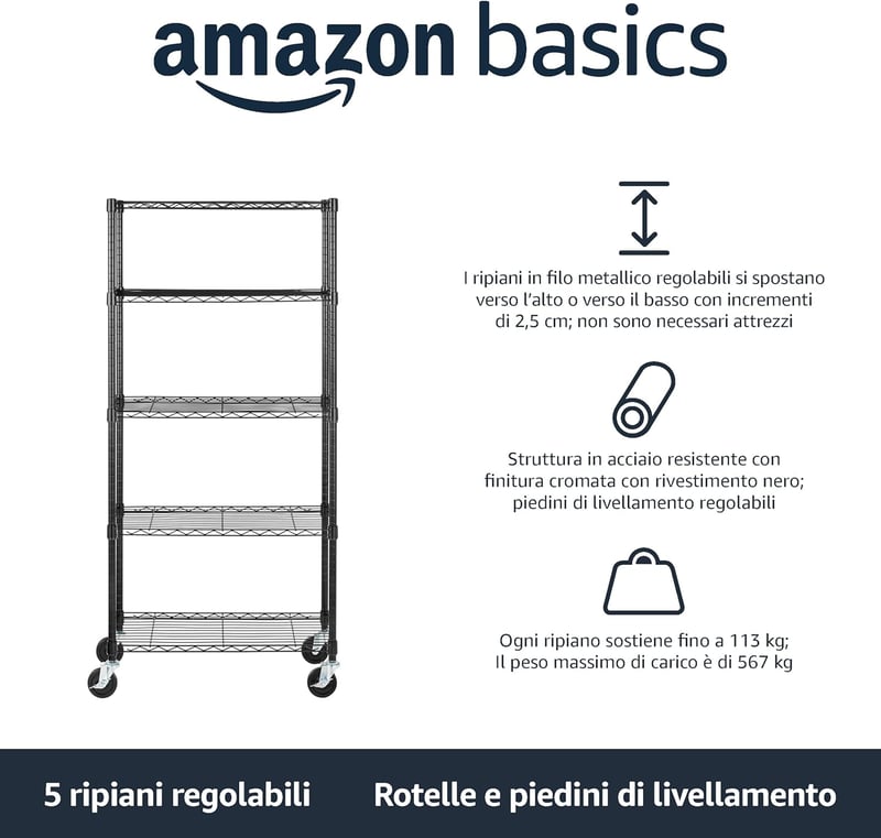 Raft de depozitare Amazon Basics cu 5 niveluri, cu roți de 4", picioare reglabile, capacitate de încărcare 680 kg, negru, cu roți