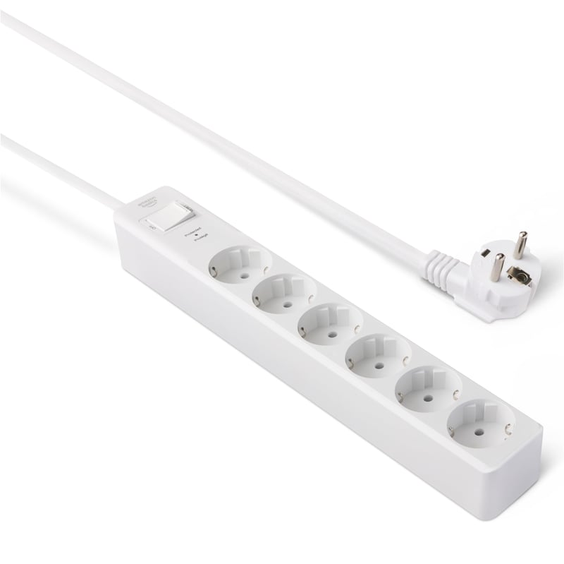 Prelungitor Amazon Basics cu 6 prize, Protecție la supratensiune, Siguranță pentru copii, Cablu 1,4 m, 600J, Alb