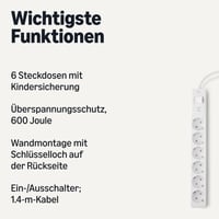 Prelungitor Amazon Basics cu 6 prize, Protecție la supratensiune, Siguranță pentru copii, Cablu 1,4 m, 600J, Alb 2