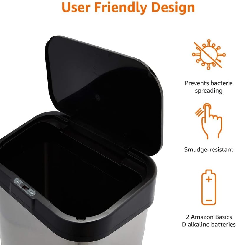 Amazon Basics 60L rozsdamentes acél szenzoros szemetes, fekete-ezüst - 60-Liter, Rectangular