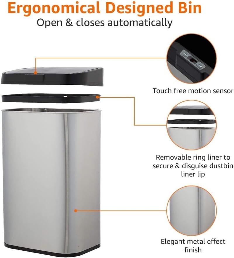 Amazon Basics 60L rozsdamentes acél szenzoros szemetes, fekete-ezüst - 60-Liter, Rectangular