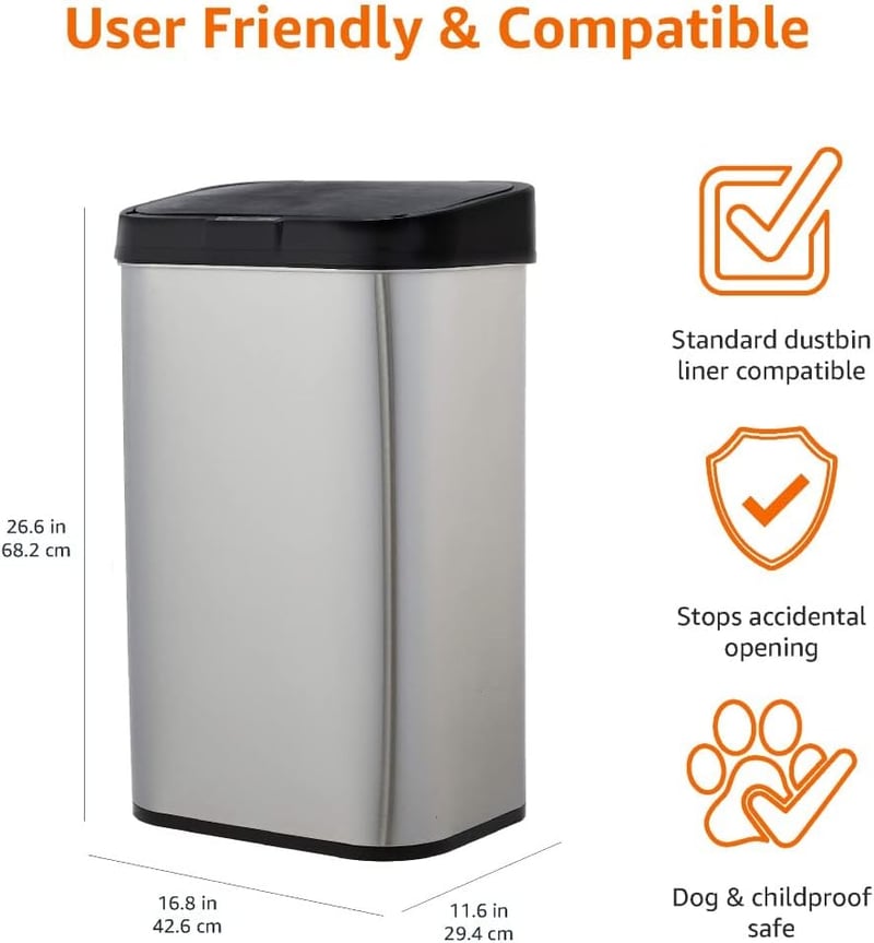 Amazon Basics 60L rozsdamentes acél szenzoros szemetes, fekete-ezüst - 60-Liter, Rectangular