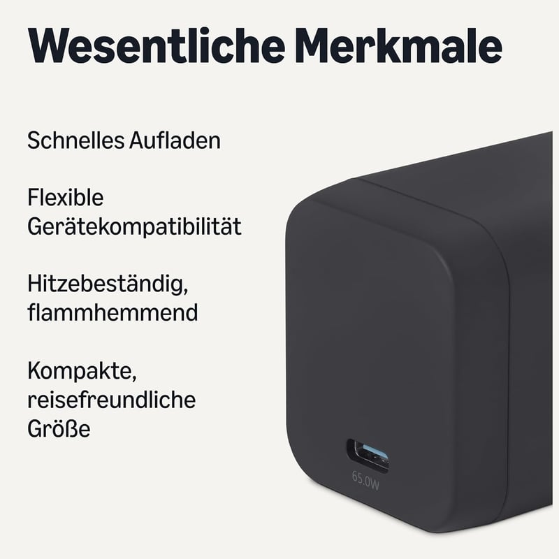 Amazon Basics 65W USB-C Hálózati Töltő GaN Technológiával - Gyorstöltés Laptophoz, Tablethez, Telefonhoz - black, 65 W one port