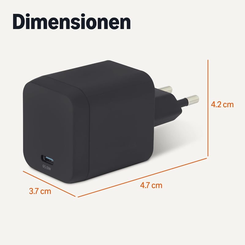 Amazon Basics 65W USB-C Hálózati Töltő GaN Technológiával - Gyorstöltés Laptophoz, Tablethez, Telefonhoz - black, 65 W one port