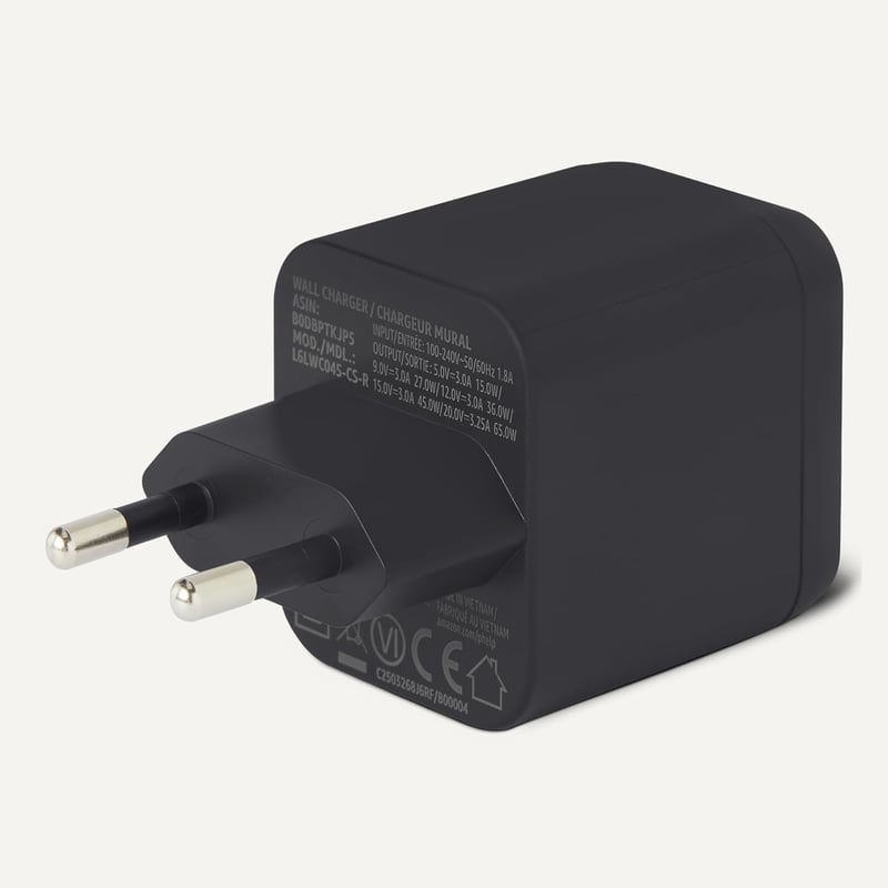 Amazon Basics 65W USB-C Hálózati Töltő GaN Technológiával - Gyorstöltés Laptophoz, Tablethez, Telefonhoz - black, 65 W one port