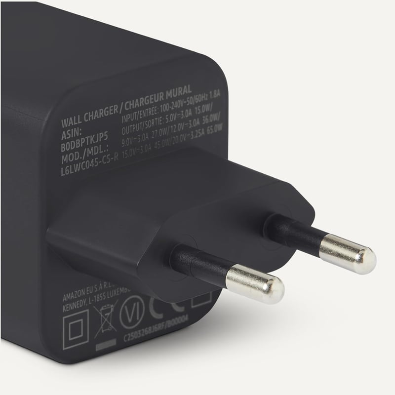 Amazon Basics 65W USB-C Hálózati Töltő GaN Technológiával - Gyorstöltés Laptophoz, Tablethez, Telefonhoz - black, 65 W one port