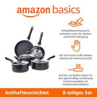 Amazon Basics set od 8 keramičkih posuda s neprijanjajućim slojem i poklopcima, za plinske i električne štednjake, crni 2