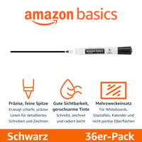 Amazon Basics alacsony szagú száraz törlős táblamarker, vékony hegy, fekete, 36 db 2