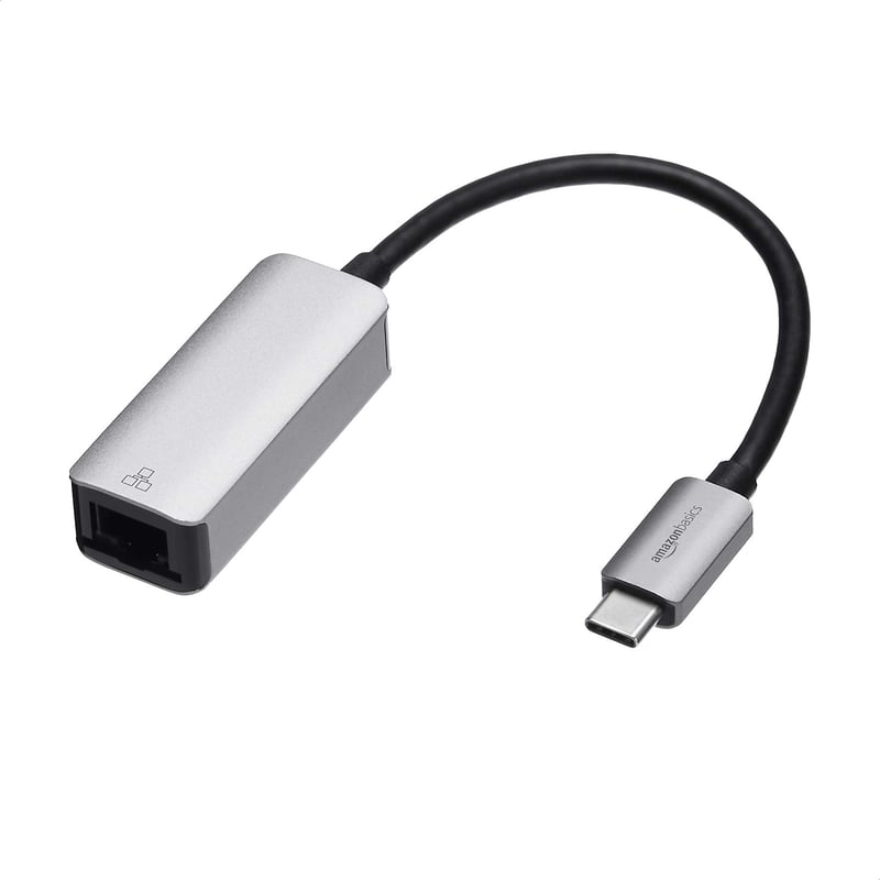 Hliníkový USB-C na RJ45 gigabitový ethernetový adaptér Amazon Basics pre rýchle sieťové pripojenie, sivý, 5,3x2,1x1,5 cm