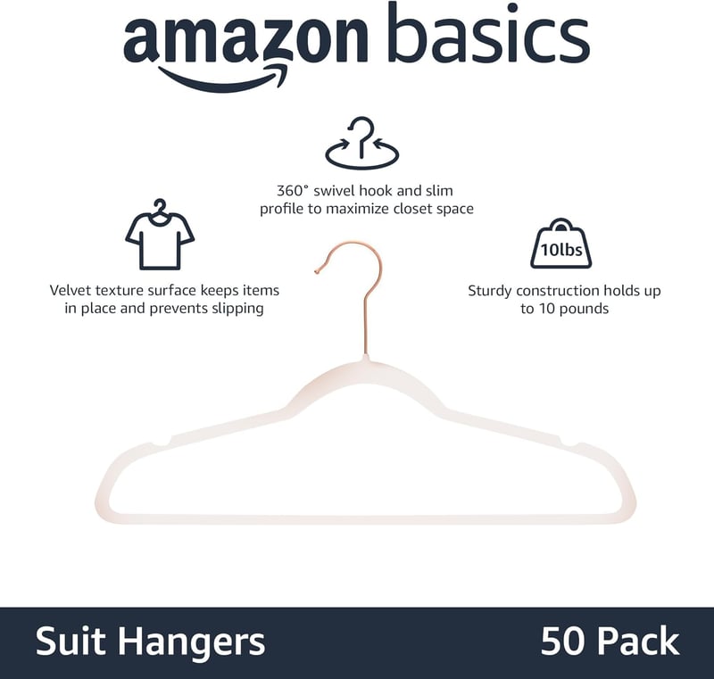 Amazon Basics Bársony Öltöny Akasztó Csúszásmentes Rózsaszín 50 db - Pack of 50, Rose Gold