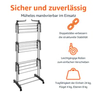 Amazon Basics Vnútorný vežový sušiak na bielizeň so sklápacími krídlami, 4 poschodia, sivý, 126x64x173 cm, nosnosť 24 kg 2