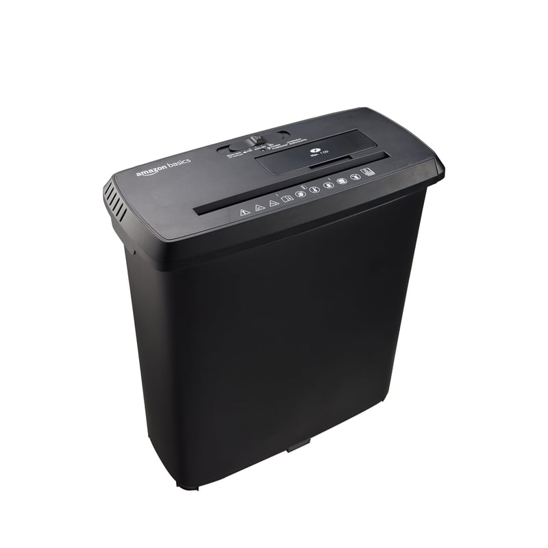 Amazon Basics Csíkos Iratmegsemmisítő, 8 lap, A4 dokumentumokhoz, CD-khez és bankkártyákhoz, 13 literes gyűjtőtálca, fekete