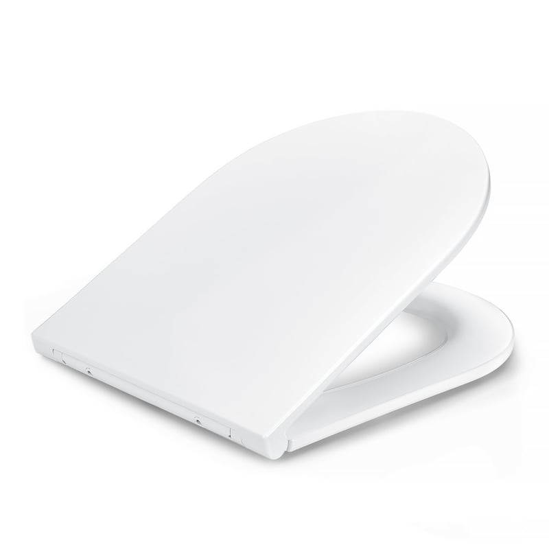 WC sedadlo Amazon Basics v tvare D, biele, so systémom pomalého sklápania Soft Close, rýchloupínacími pántmi, univerzálnou veľkosťou, antistatickým močovinovým povrchom a porcelánovou úpravou