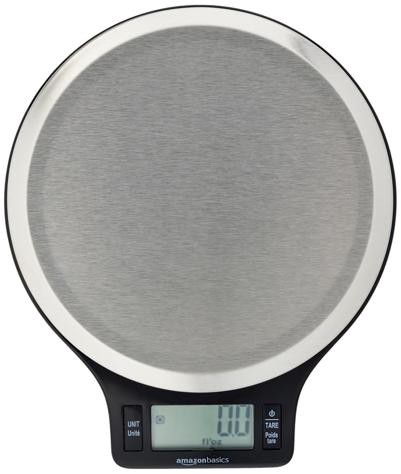Cântar de bucătărie digital Amazon Basics cu afișaj LCD, oțel inoxidabil, fără BPA, max. 5 kg, negru, baterii incluse