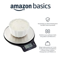 Cântar de bucătărie digital Amazon Basics cu afișaj LCD, oțel inoxidabil, fără BPA, max. 5 kg, negru, baterii incluse 2